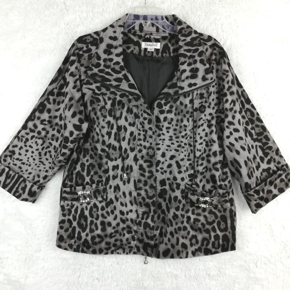 Annabell Womens Jacket Lightweight Gray Leopard Print Full Zip 3/4 Sleeve M